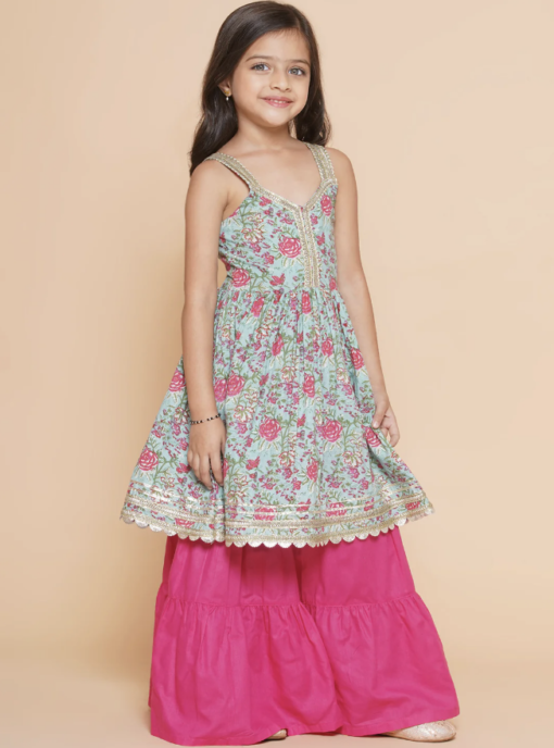 Blue Floral Printed Cotton Kurta With Sharara & Dupatta - Image 4
